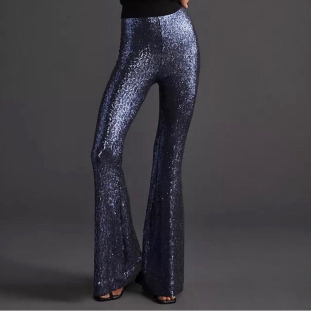 NWT Anthropologie The Joni Sequined Flare Pants Navy - Size 10